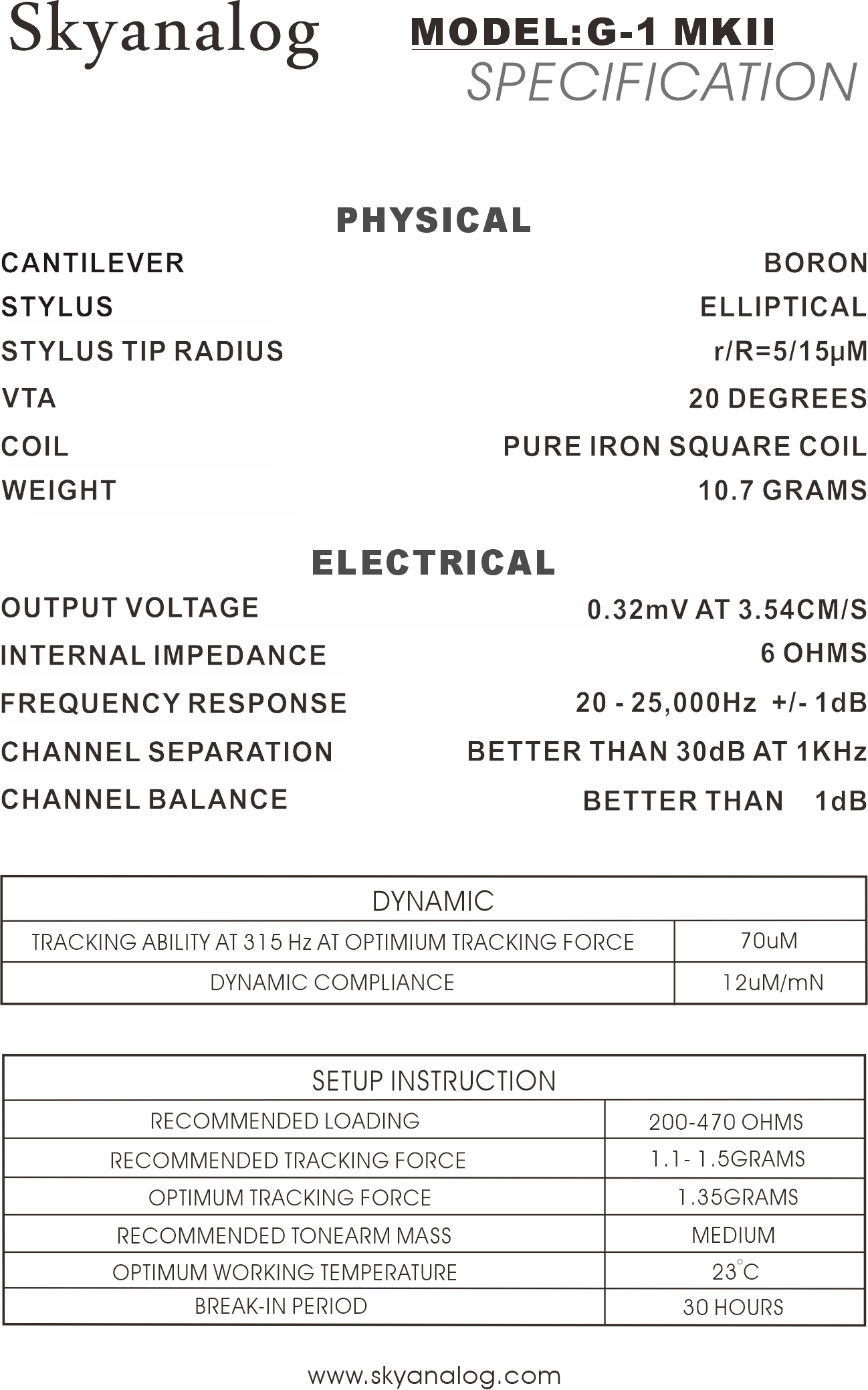 Skyanalog G1 MC Tonabnehmer Specs